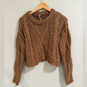 Free People Cropped Cable Knit Sweater Brown Cotton Women’s S